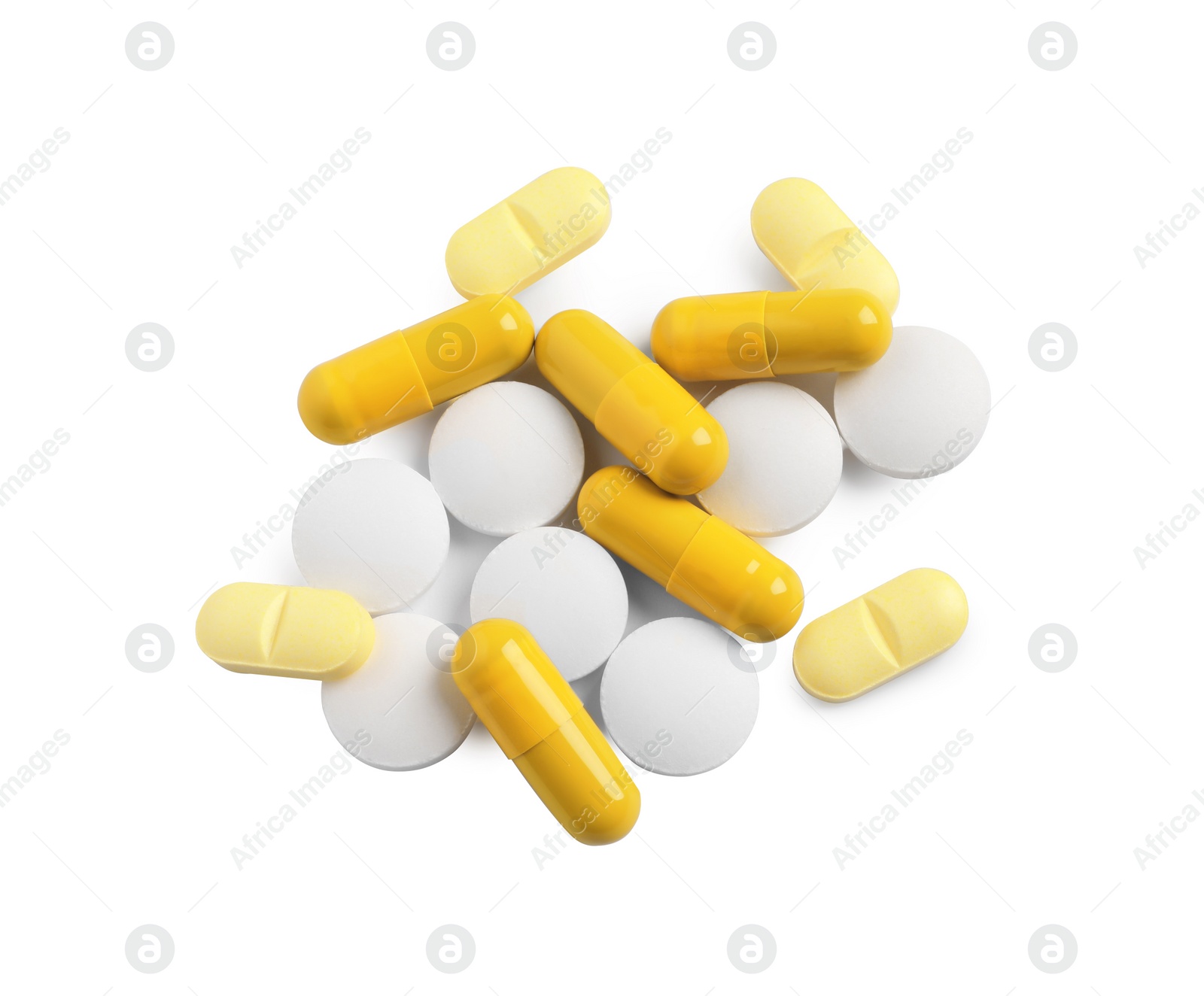 Photo of Many different pills isolated on white, top view
