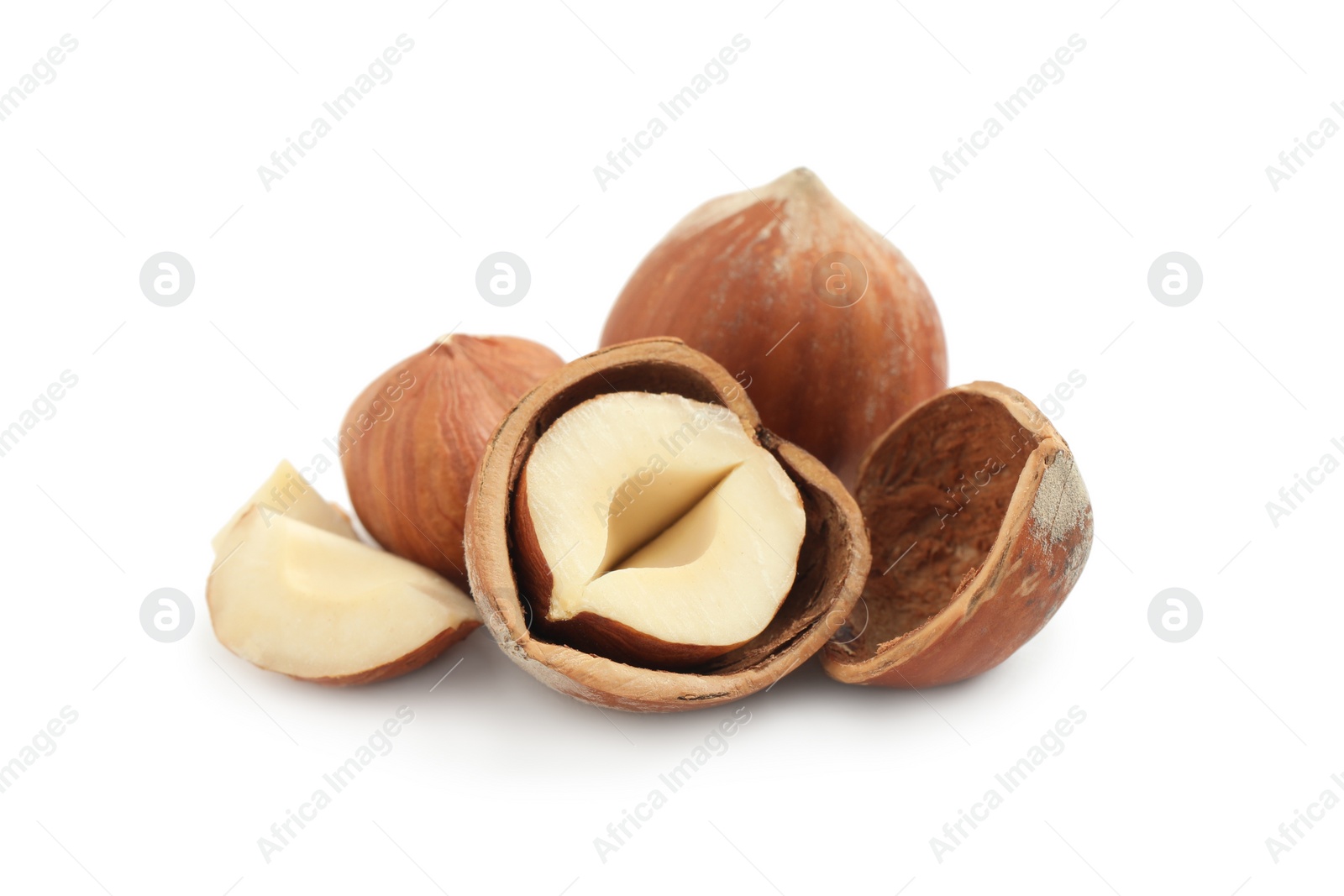 Photo of Tasty organic hazelnuts on white background. Healthy snack