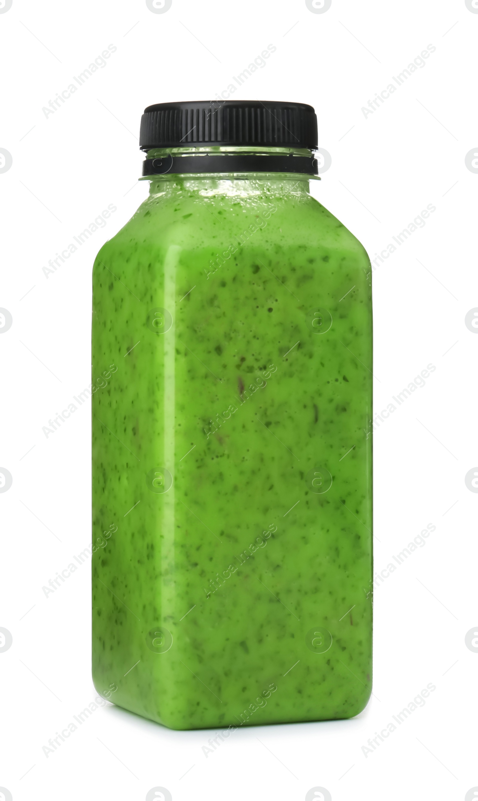 Photo of Bottle with delicious detox smoothie on white background