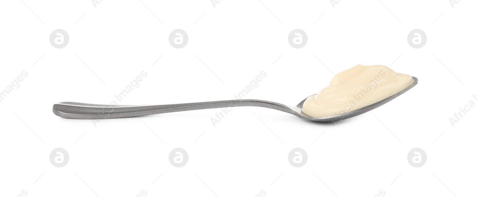 Photo of Spoon with tasty mayonnaise isolated on white