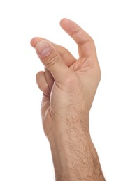 Photo of Man snapping fingers on white background, closeup of hand