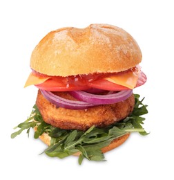 Photo of Tasty vegetarian burger with chickpea cutlet isolated on white