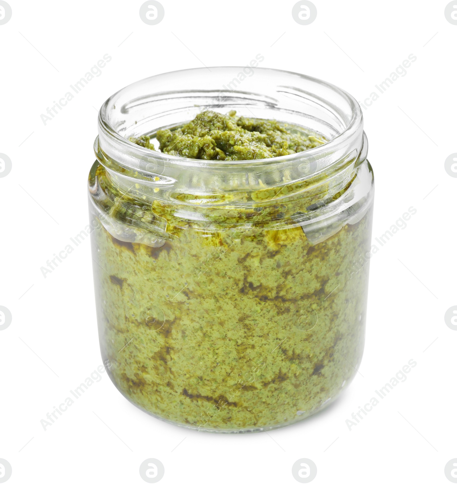 Photo of Fresh tasty pesto sauce isolated on white