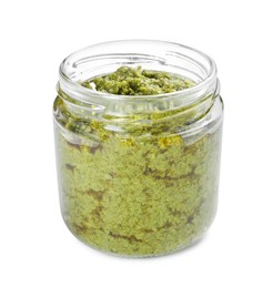 Photo of Fresh tasty pesto sauce isolated on white