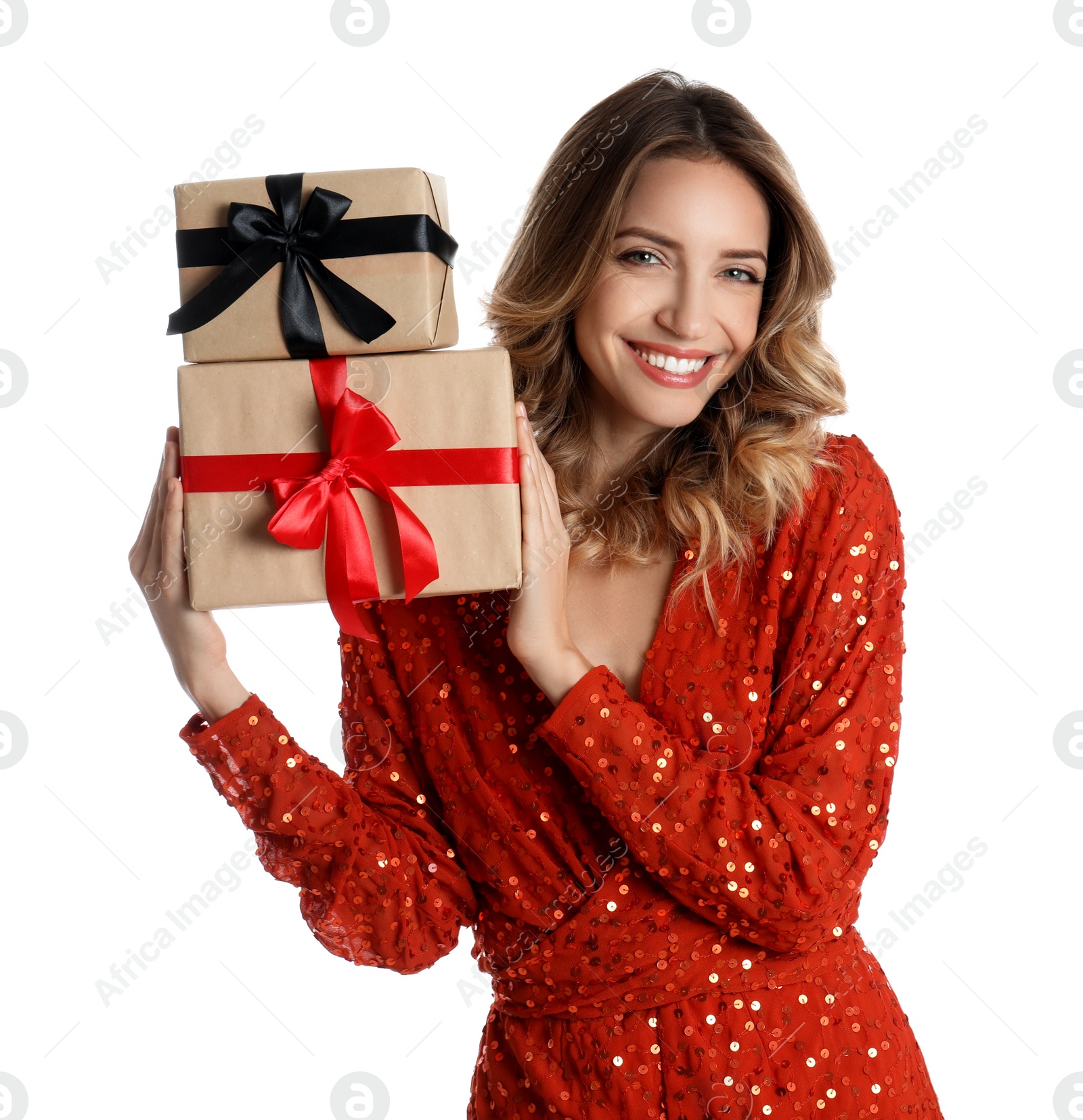 Photo of Beautiful young woman with Christmas presents on white background