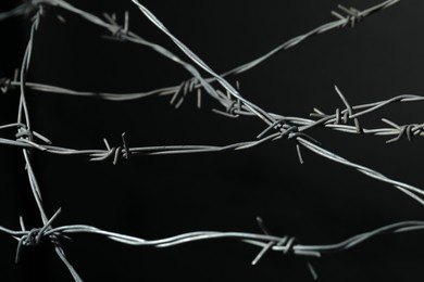 Metal barbed wire on black background, closeup