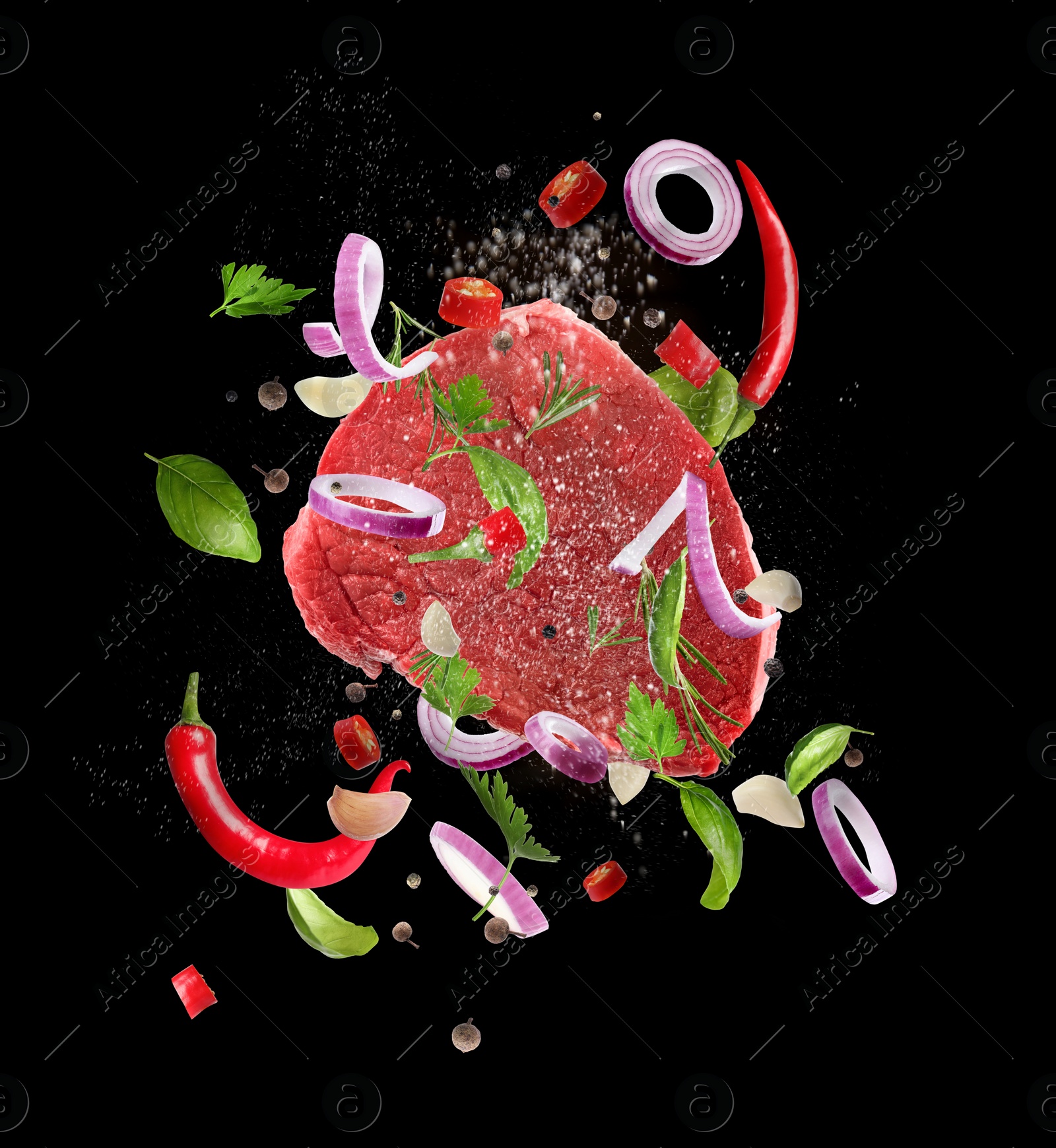 Image of Fresh raw meat and different spices flying on black background