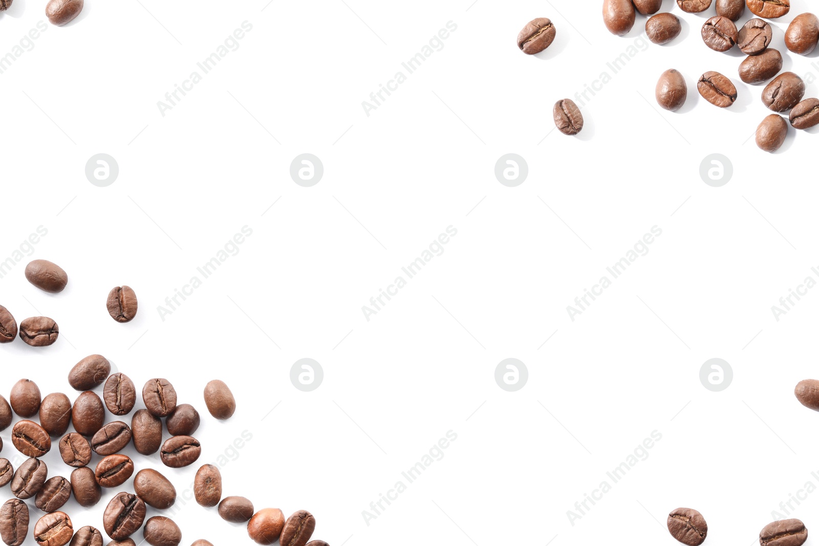 Photo of Many roasted coffee beans isolated on white , top view