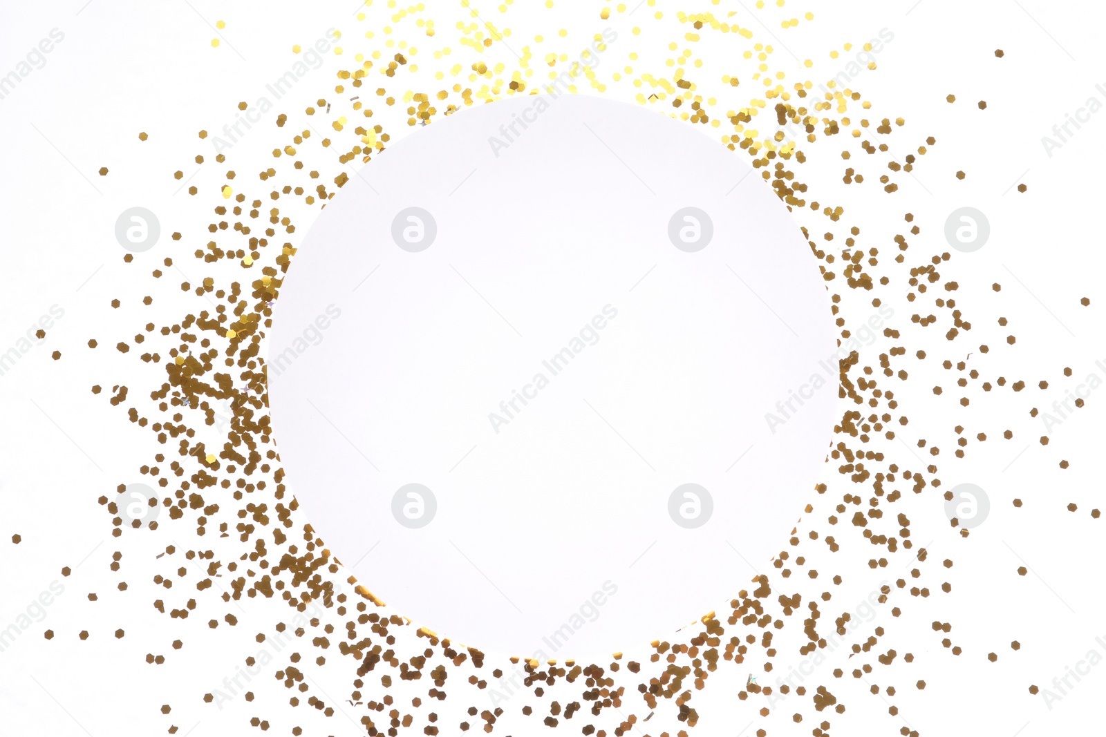 Photo of Frame made of bright confetti on white background, top view. Space for text