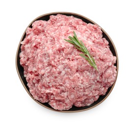 Photo of Bowl of raw fresh minced meat with rosemary isolated on white, top view