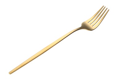 Photo of One shiny golden fork isolated on white