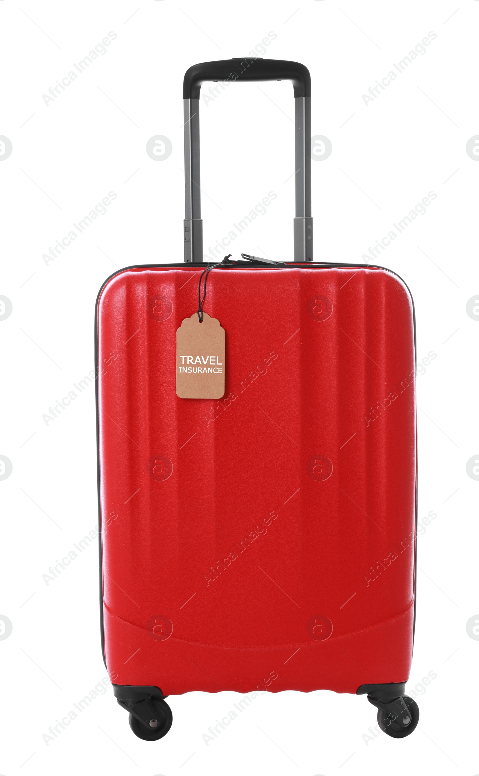 Photo of Red suitcase with TRAVEL INSURANCE label on white background