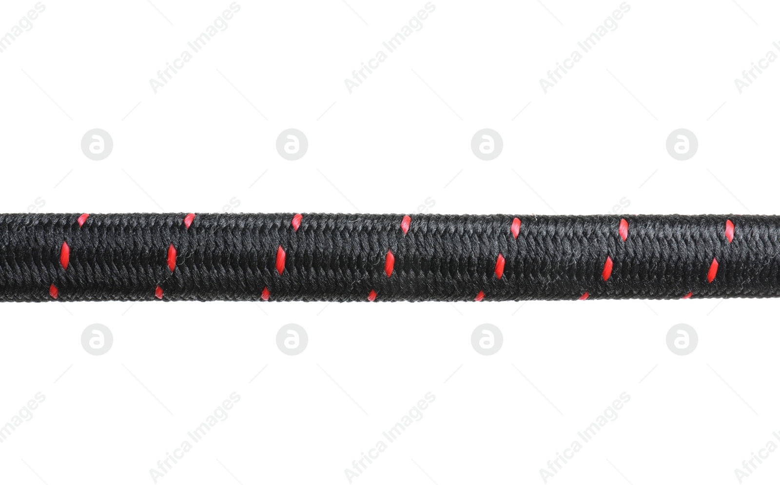 Photo of Strong black climbing rope on white background