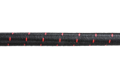 Photo of Strong black climbing rope on white background