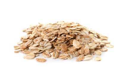 Photo of Raw oatmeal on white background. Healthy grains and cereals