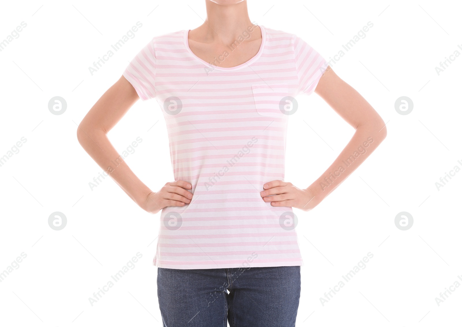 Photo of Young slim woman on white background, closeup. Weight loss