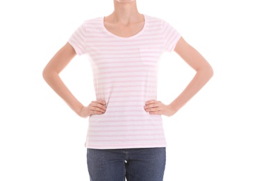 Young slim woman on white background, closeup. Weight loss