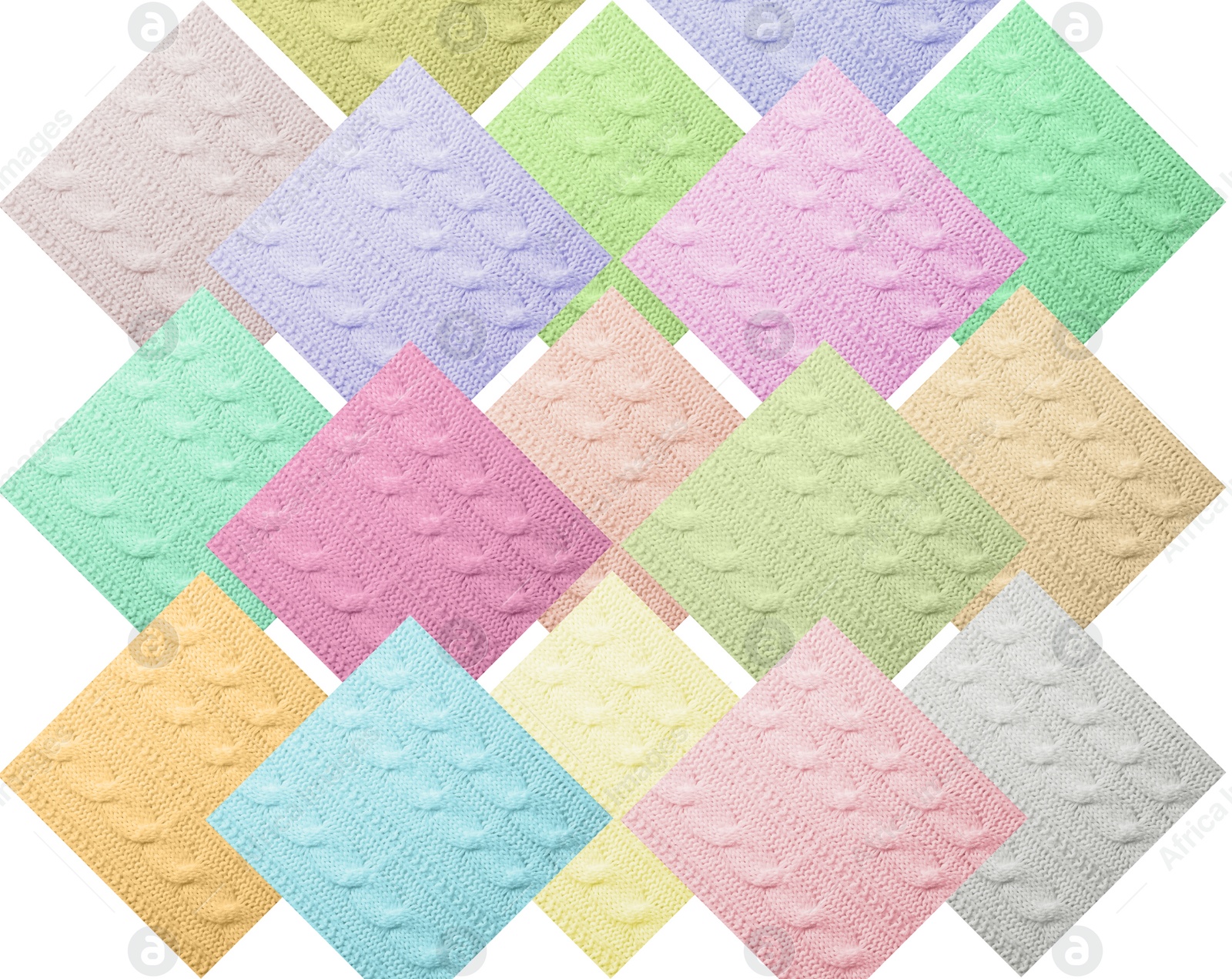 Image of Samples of different wool on white background, collage. Color palette