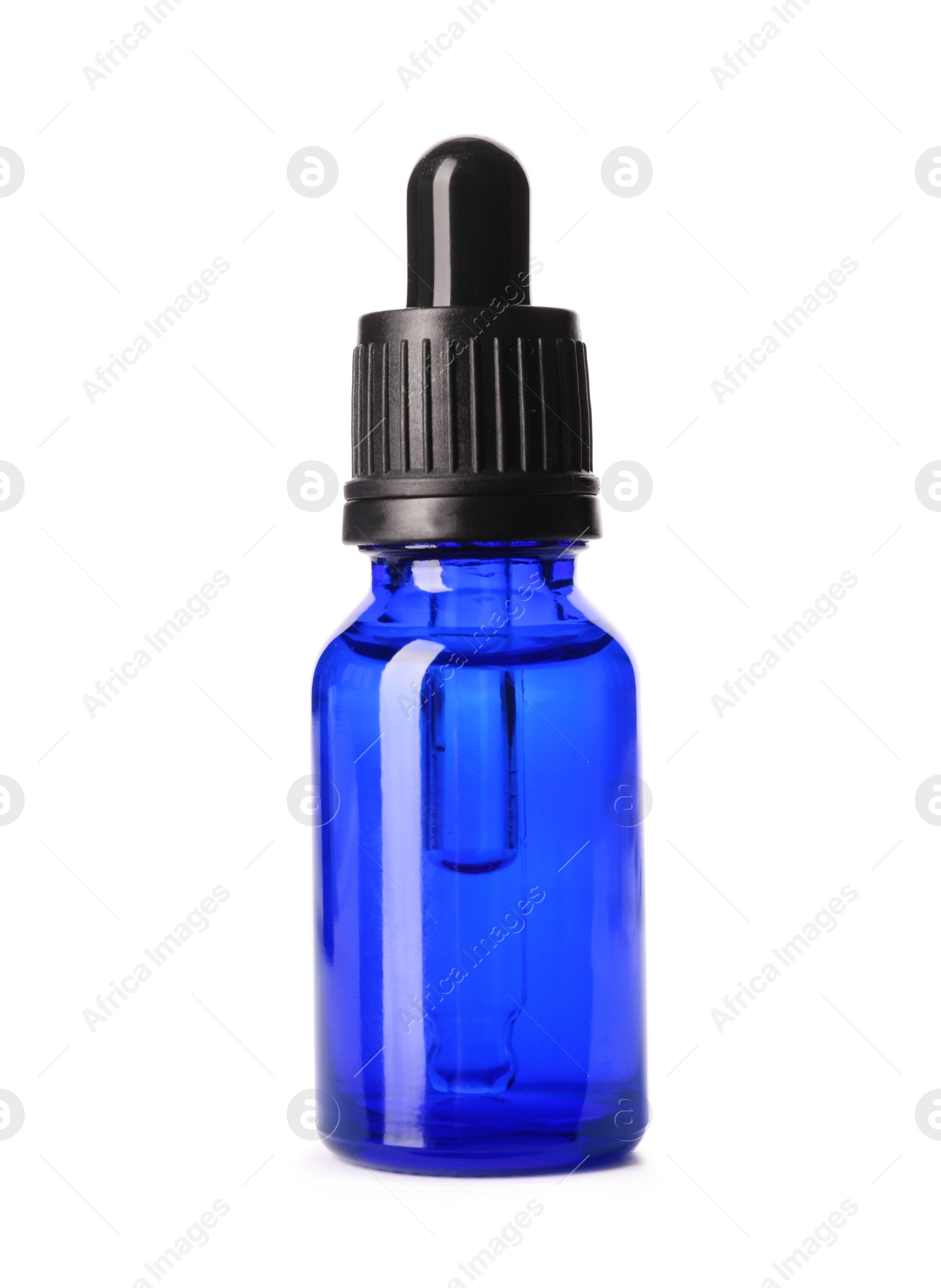 Photo of Cosmetic bottle of essential oil on white background