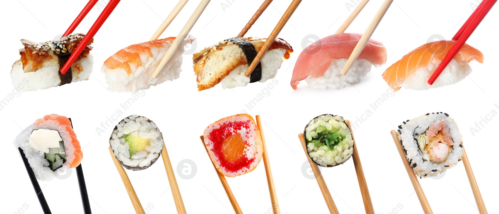 Image of Different sushi isolated on white. Chopsticks with asian food, set