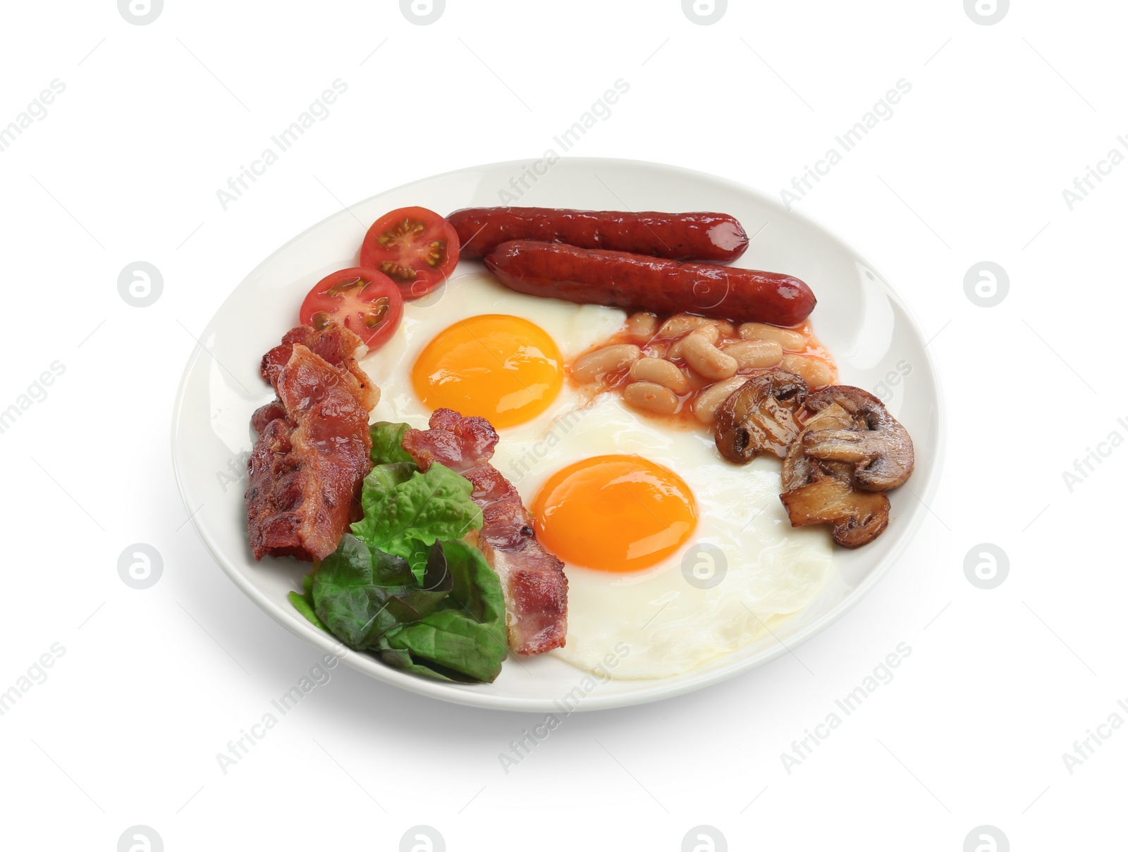 Photo of Delicious breakfast with sunny side up eggs isolated on white