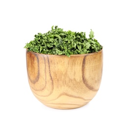 Photo of Bowl with dried parsley on white background