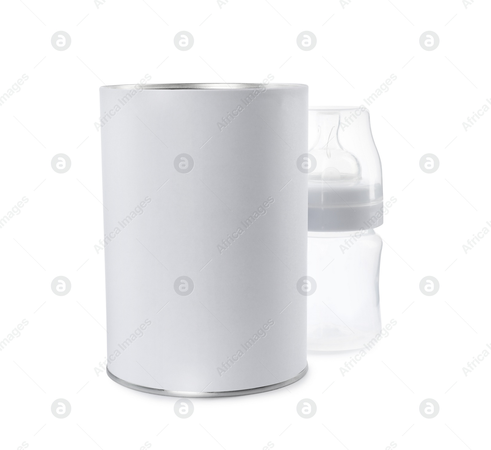 Photo of Blank can of powdered infant formula with feeding bottle isolated on white, mockup for design. Baby milk