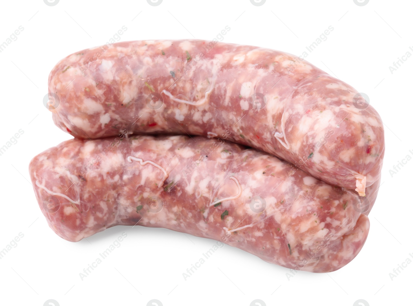 Photo of Fresh raw homemade sausages isolated on white