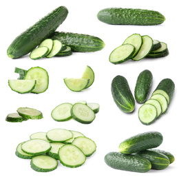 Image of Set with sliced cucumbers on white background