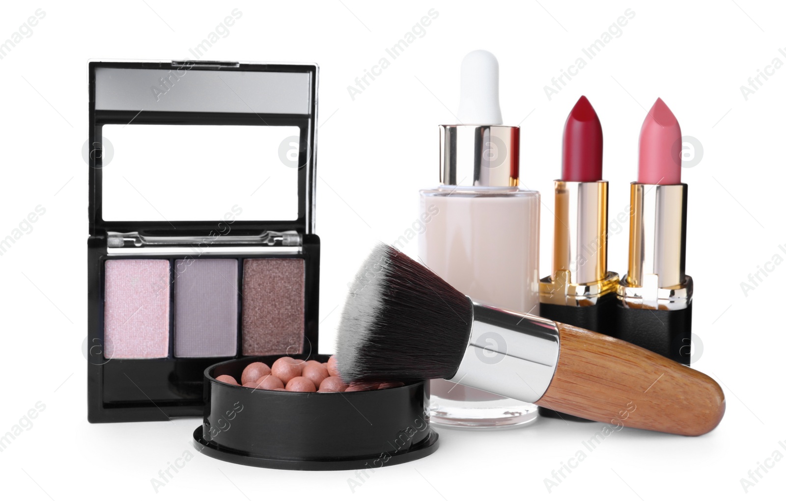 Photo of Different luxury cosmetic products on white background