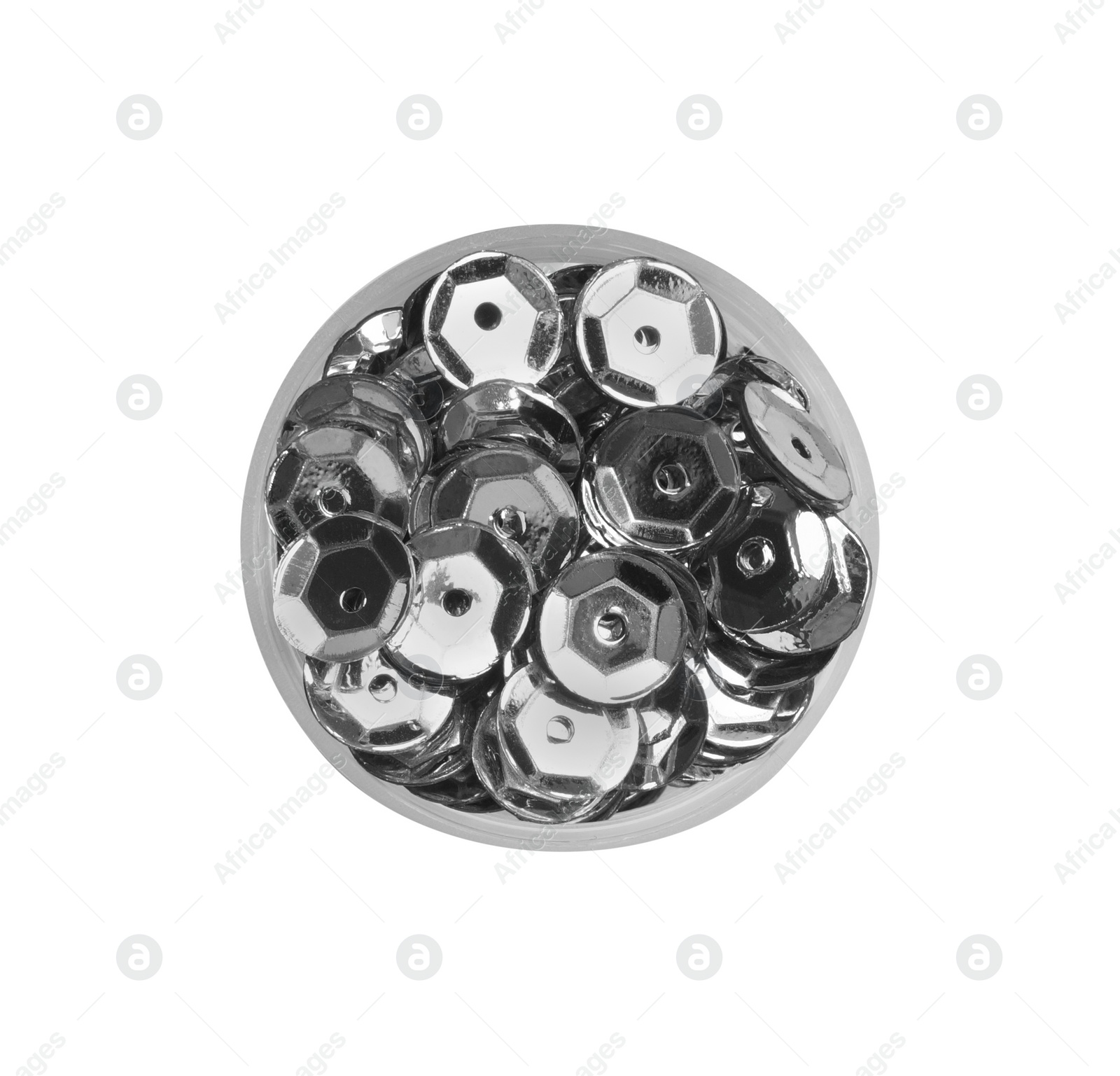 Photo of Silver sequins on white background, top view