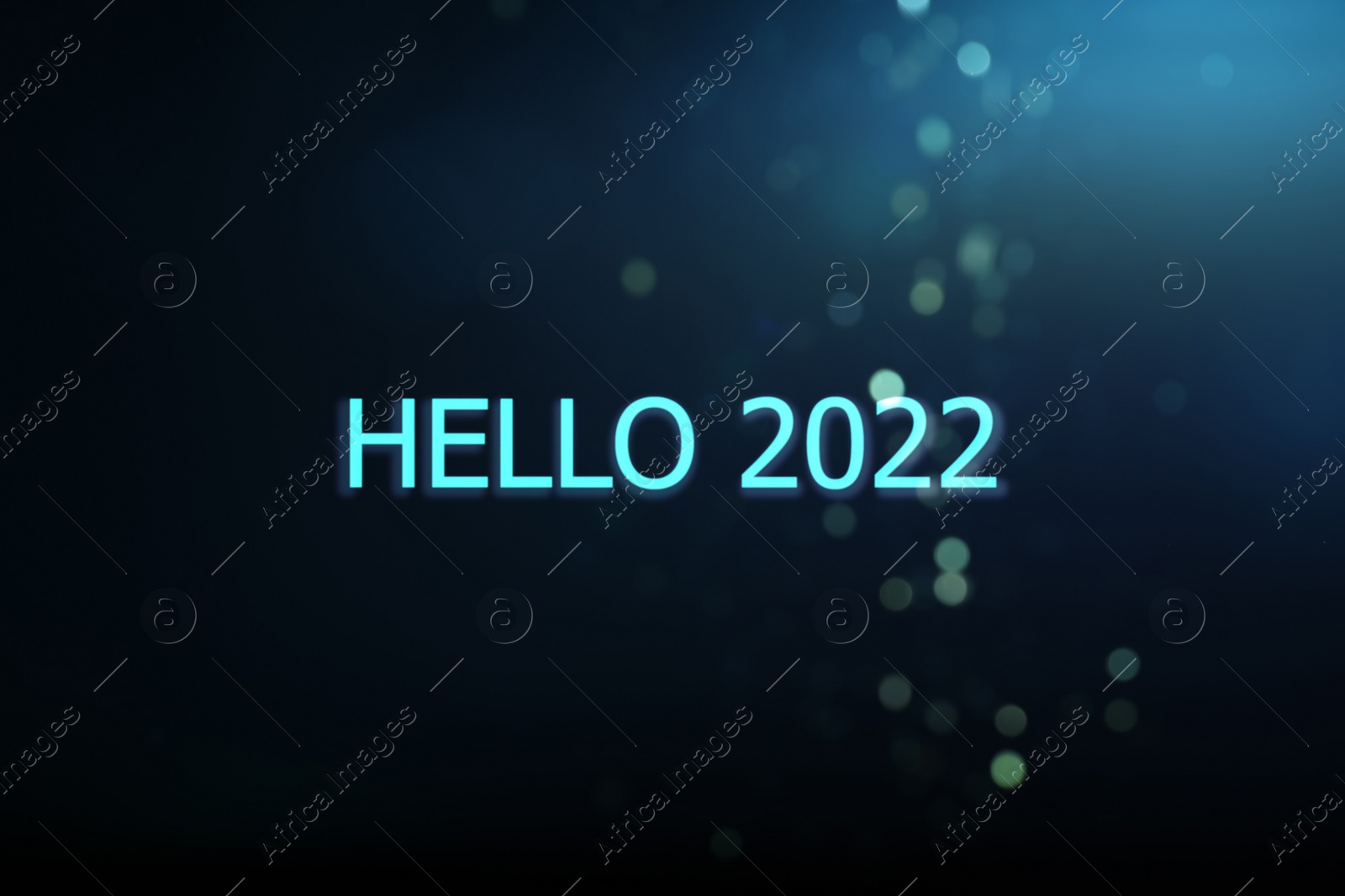 Image of Text Hello 2022 on dark background with blurred festive lights, bokeh effect