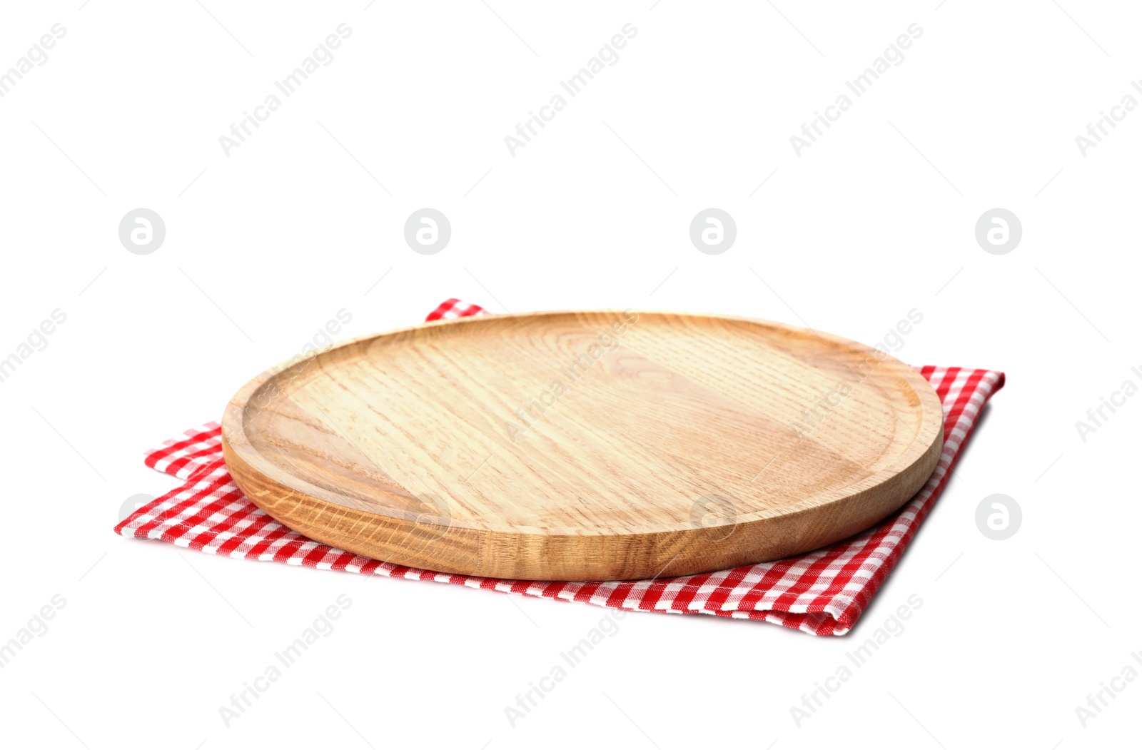 Photo of Wooden board and checkered napkin isolated on white