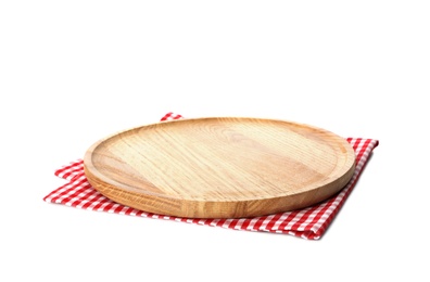 Photo of Wooden board and checkered napkin isolated on white