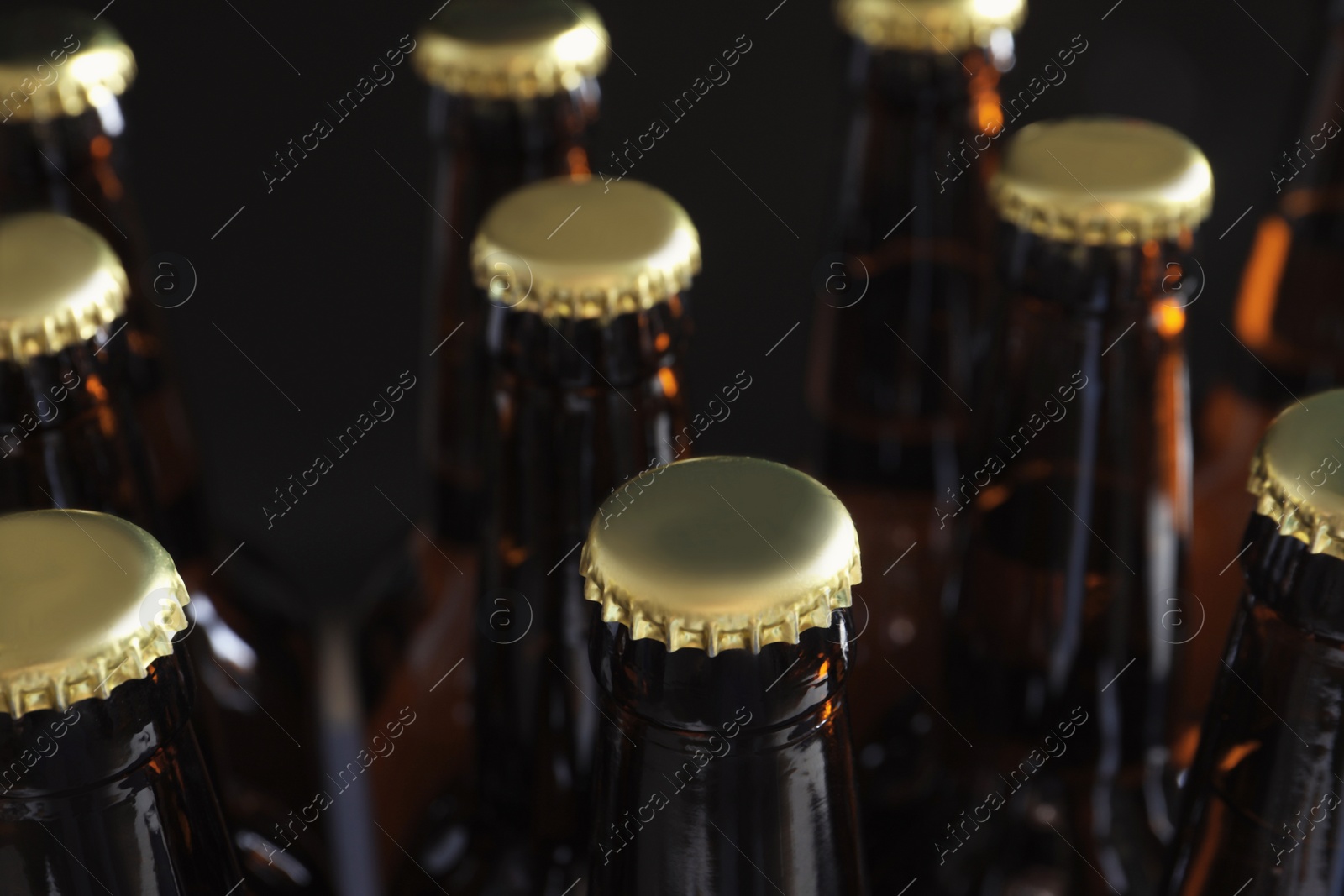 Photo of Many bottles of beer on dark background, closeup view