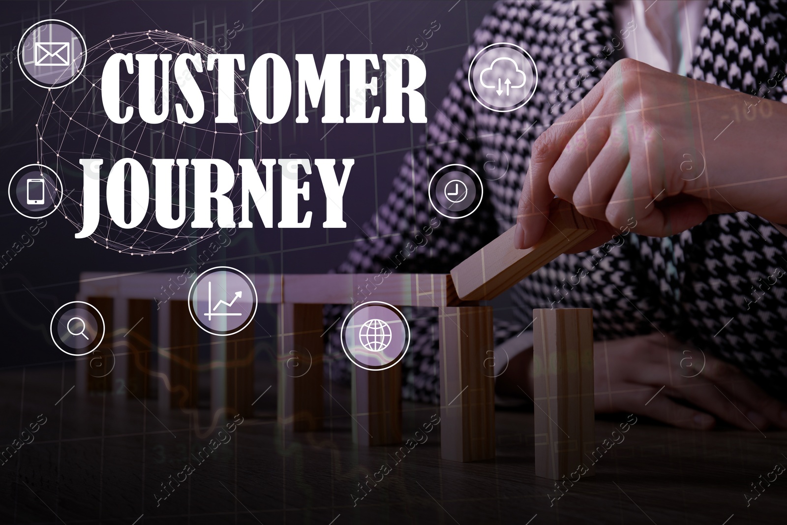 Image of Customer journey concept. Woman building bridge with wooden blocks at table, closeup