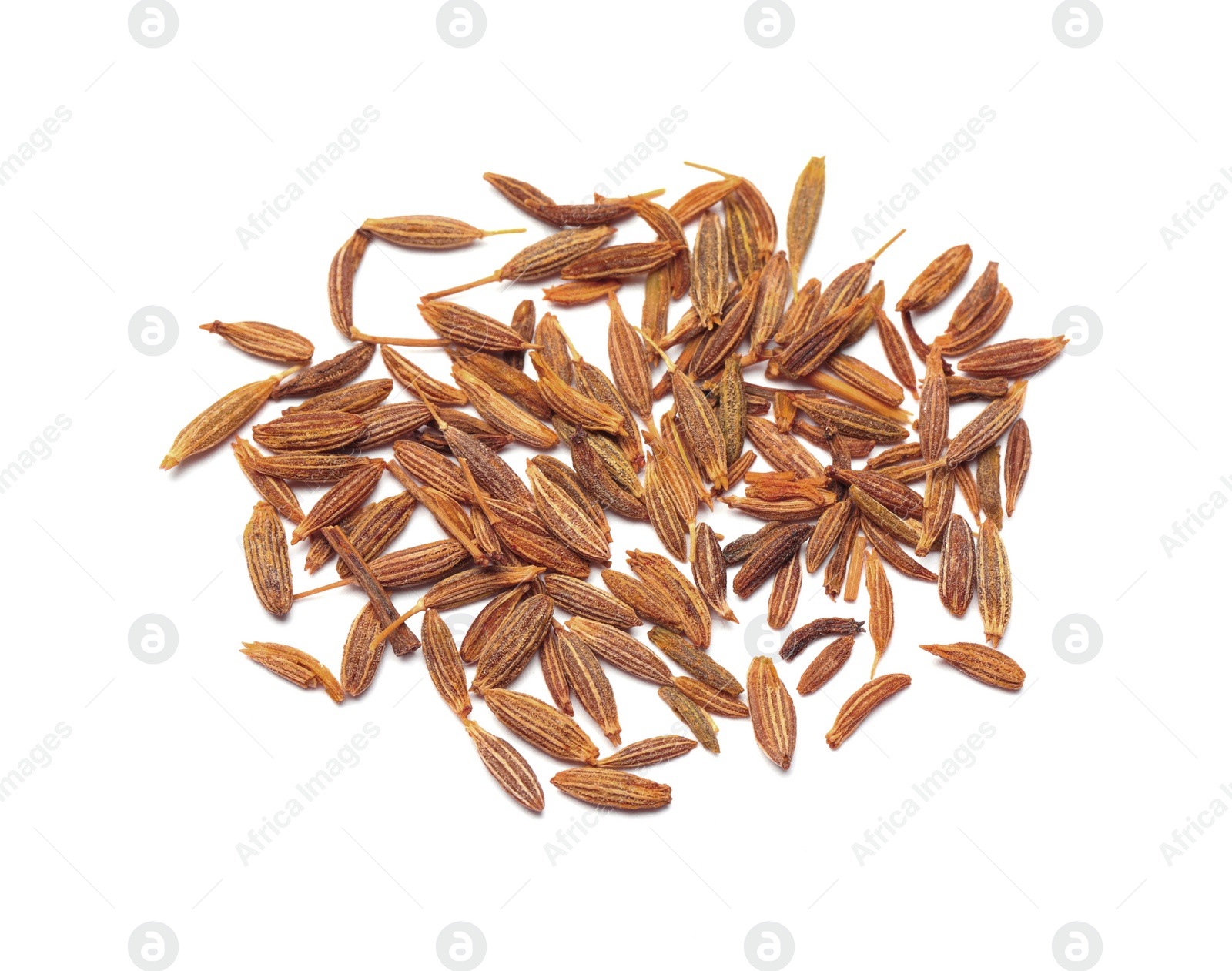 Photo of Heap of aromatic caraway (Persian cumin) seeds isolated on white, top view