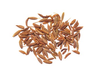 Photo of Heap of aromatic caraway (Persian cumin) seeds isolated on white, top view