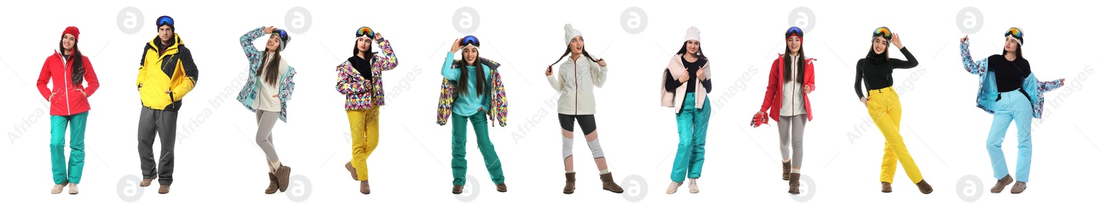 Image of Collage of people wearing winter sports clothes on white background