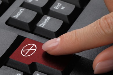 Image of Woman pressing red button with sign No Smoking on computer keyboard, closeup