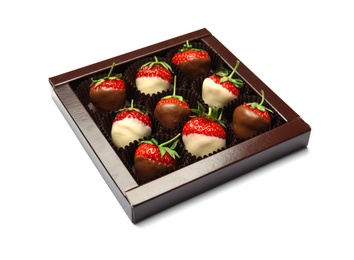 Photo of Box with chocolate covered strawberries on white background