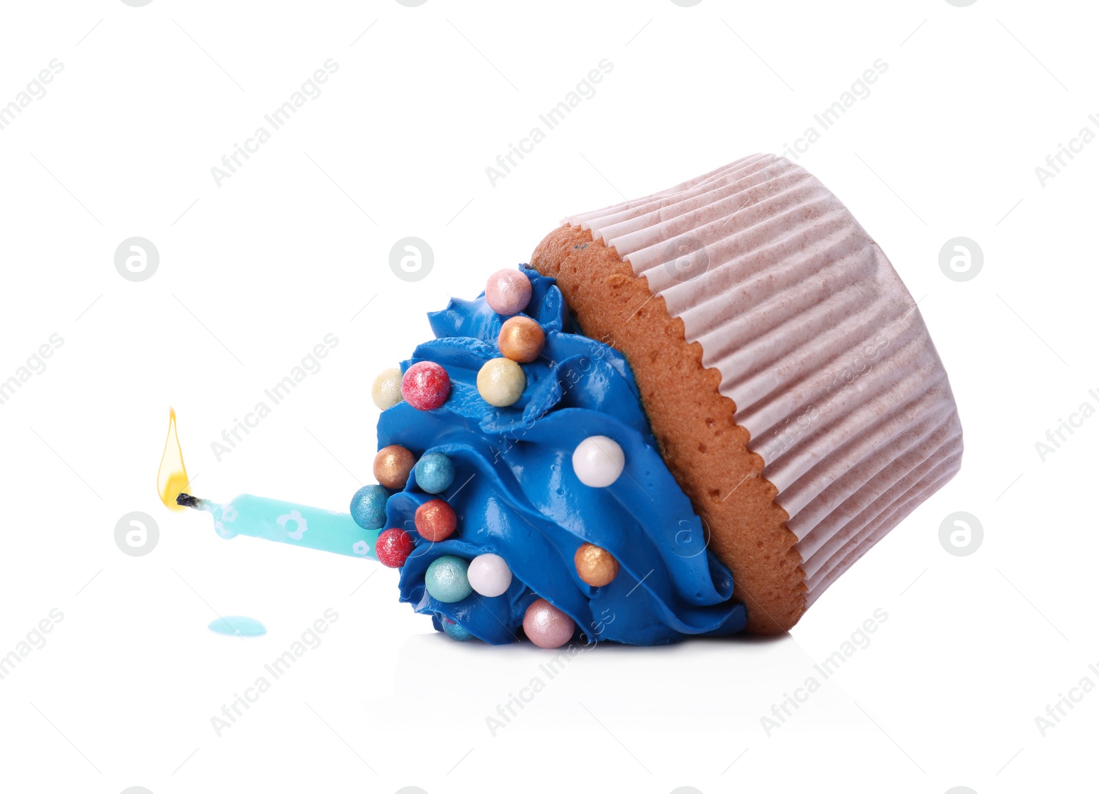 Photo of Dropped cupcake with cream on white background. Troubles happen