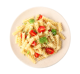 Photo of Tasty pasta with broccoli and cherry tomatoes isolated on white, top view