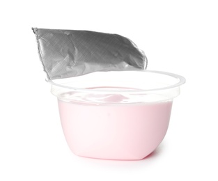 Plastic cup with creamy yogurt on white background