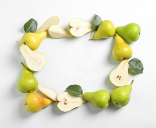 Photo of Frame made of pears on white background, top view