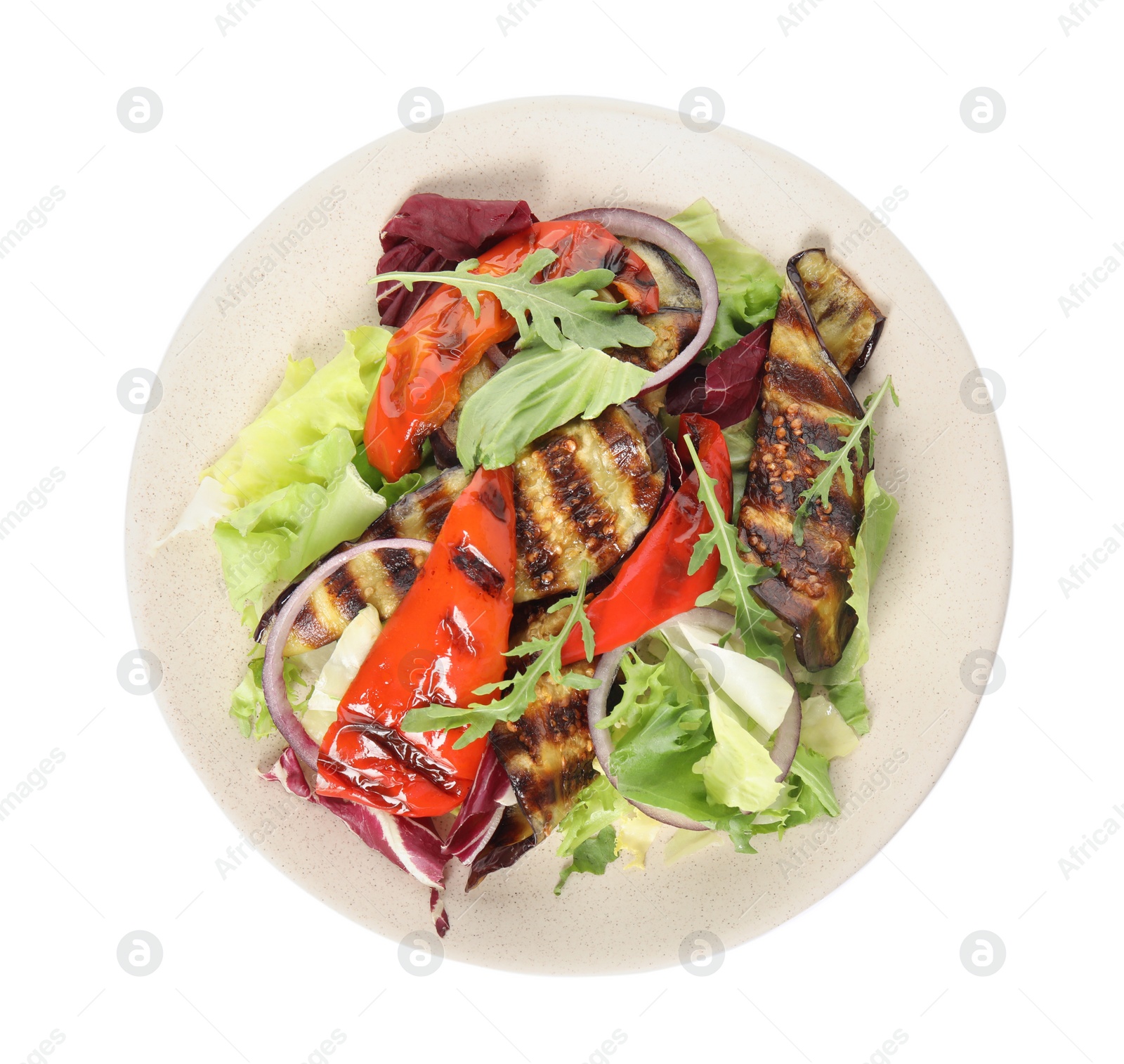 Photo of Delicious salad with roasted eggplant and arugula  isolated on white, top view