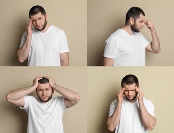 Image of Collage with photos of man suffering from headache on beige background. Banner design