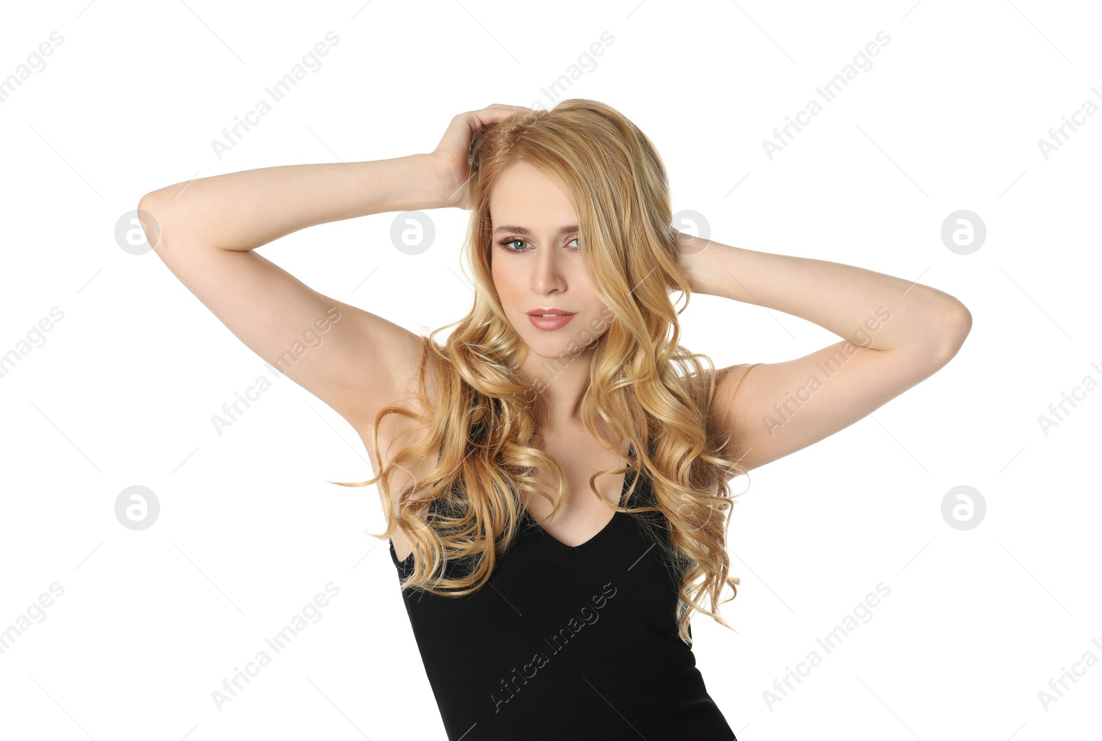 Photo of Portrait of beautiful young woman with dyed long hair on white background