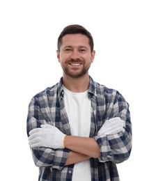 Happy man with crossed arms on white background