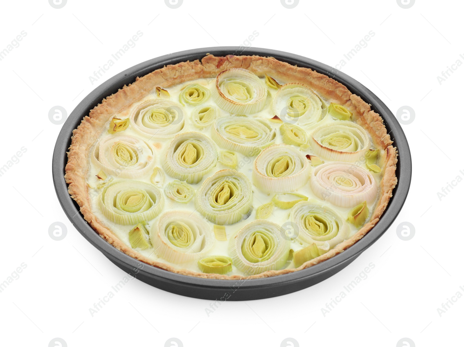 Photo of One tasty leek pie isolated on white